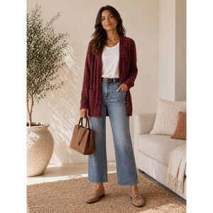 Michael Kors Burgundy Ribbed Cardigan XS Open Front Cozy Knit Fall Layering